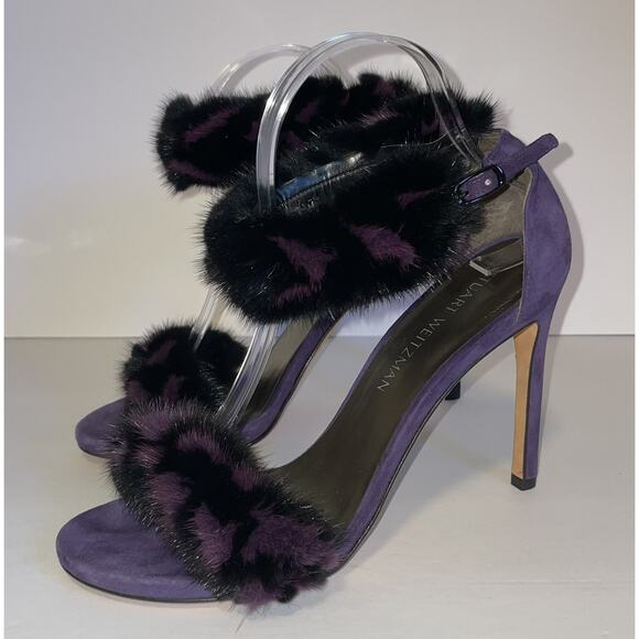 Stuart Weitzman Shoes Womens Size 8.5 Purple Fur Suede High Heel Sandals Strap - Picture 1 of 16